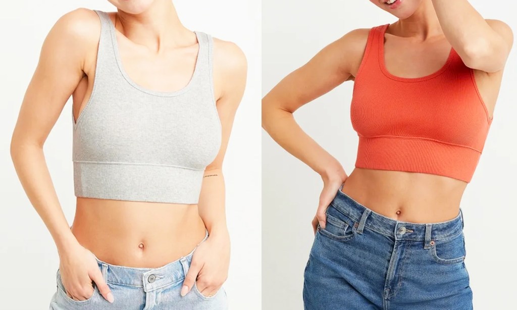 women in grey and orange bralettes