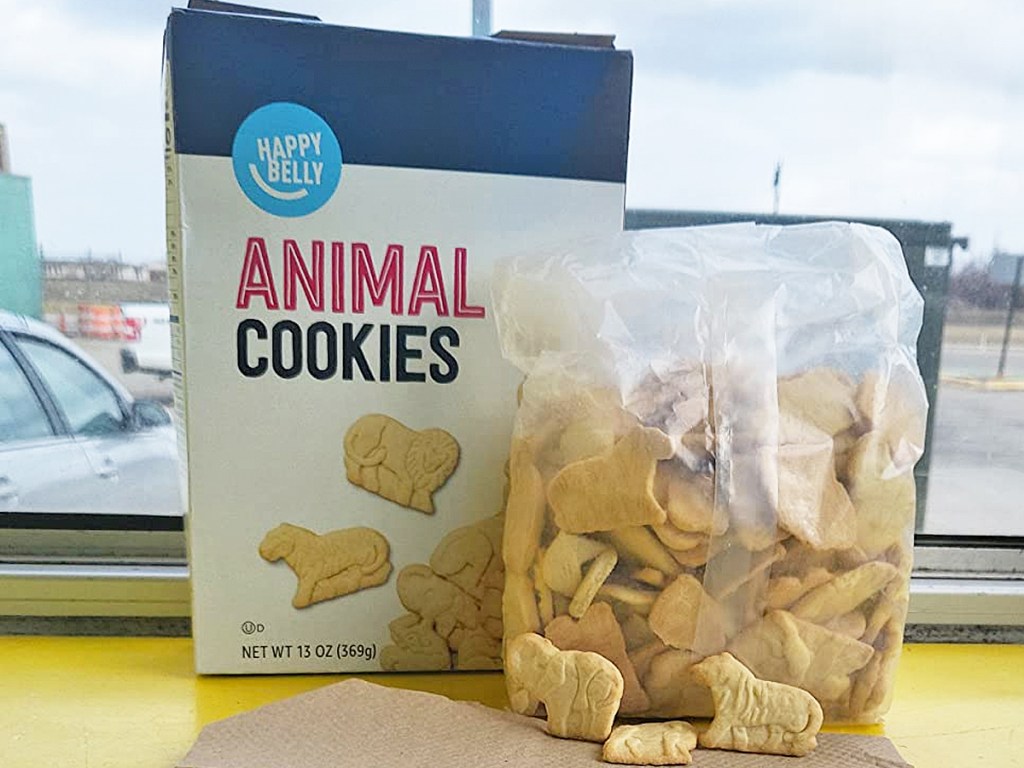box of Happy Belly Animal Cookies with bag in front of it