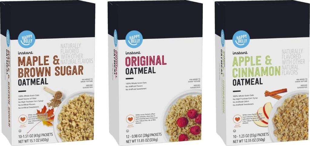 Stock images of 3 boxes of Happy Belly Oatmeal