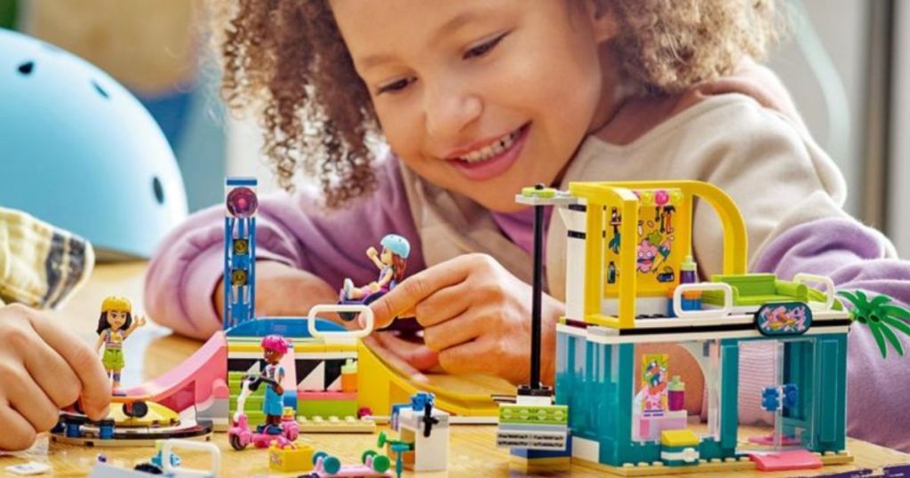 LEGO Friends Skate Park Set shown with kid playing 