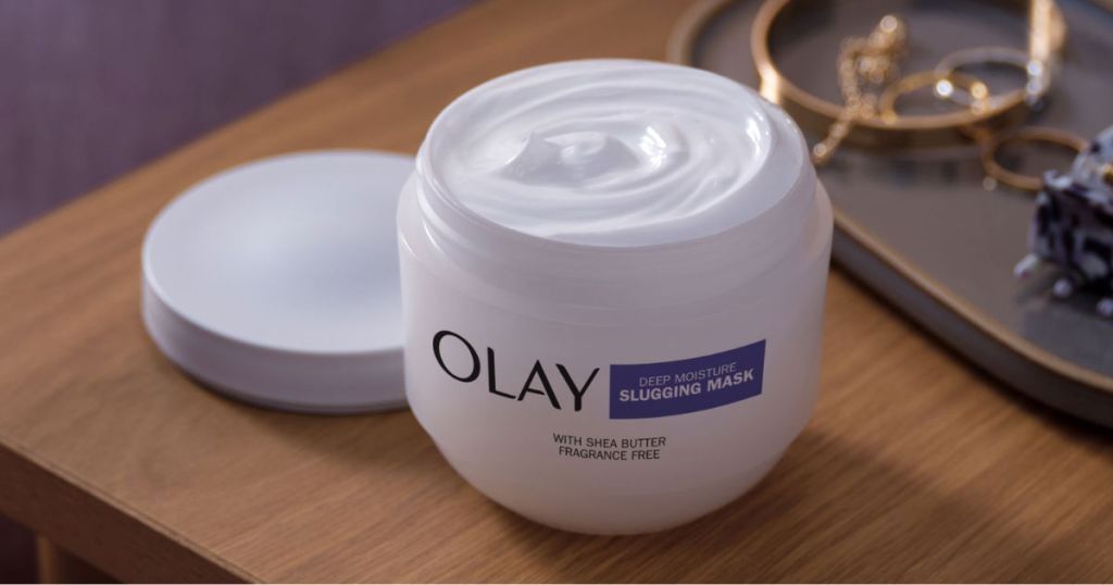 Olay Deep Moisture Slugging Mask jar shown on counter