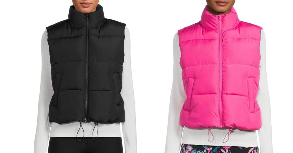 No Boundaries Women's Puffer Vests shown in Black and Pink