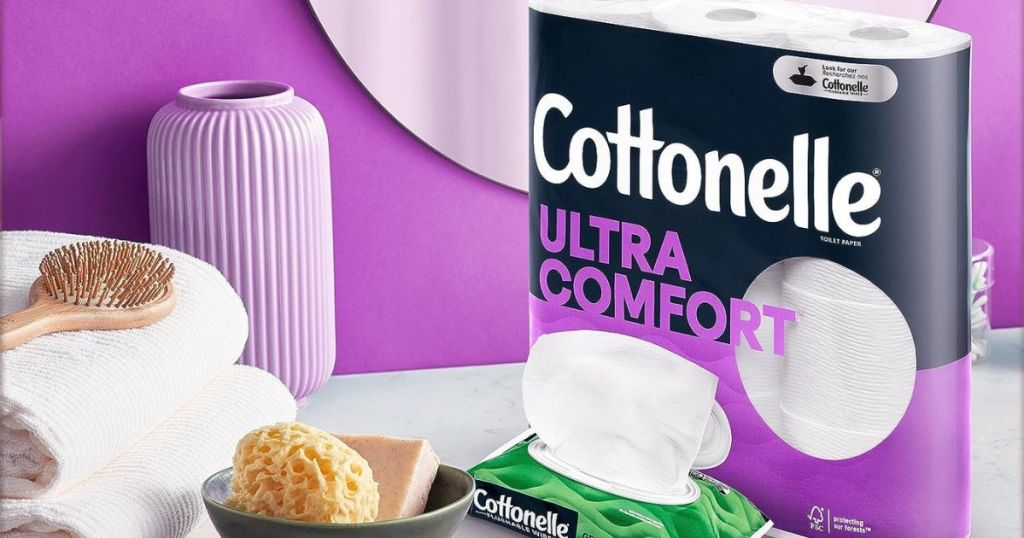 Cottonelle Ultra Comfort Toilet Paper shown in bathroom with bath items