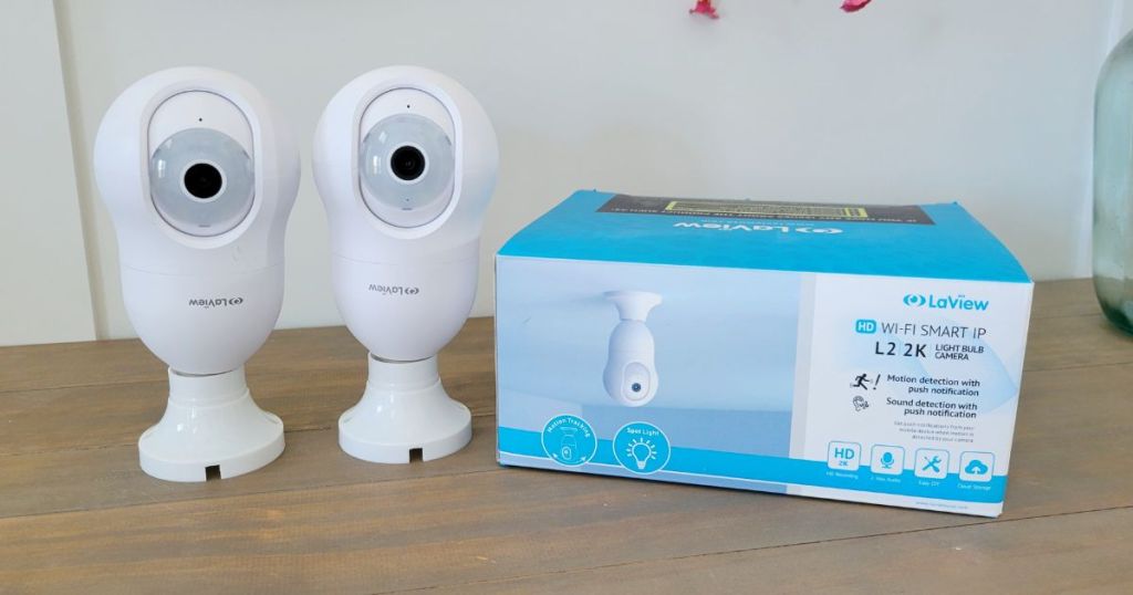 LaView Smartbulb Security Cameras shown with box