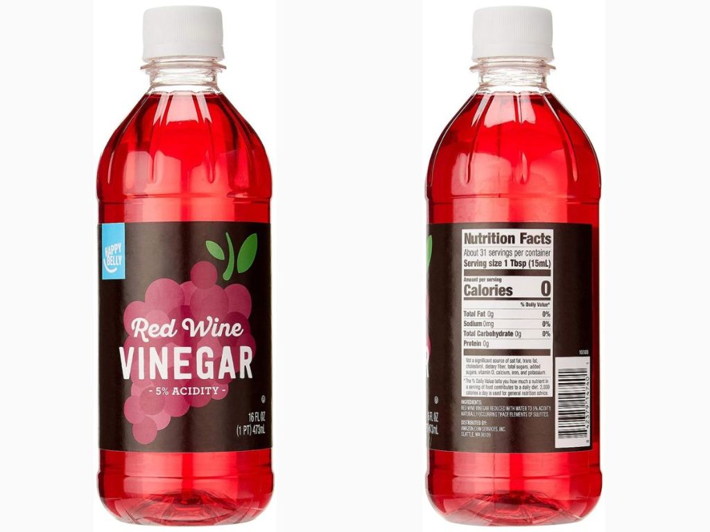 Amazon Brand - Happy Belly Red Wine Vinegar, Kosher, 16 Fl Oz front and back of bottle