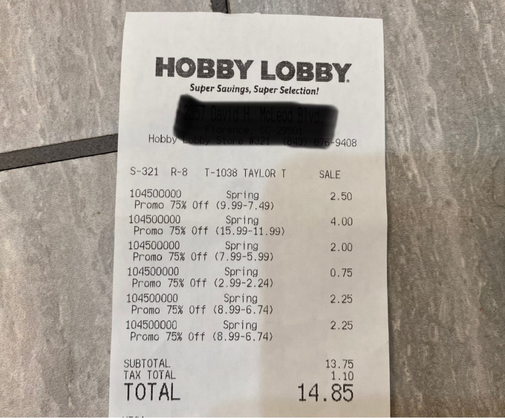 A Hobby Lobby Receipt showing sales prices