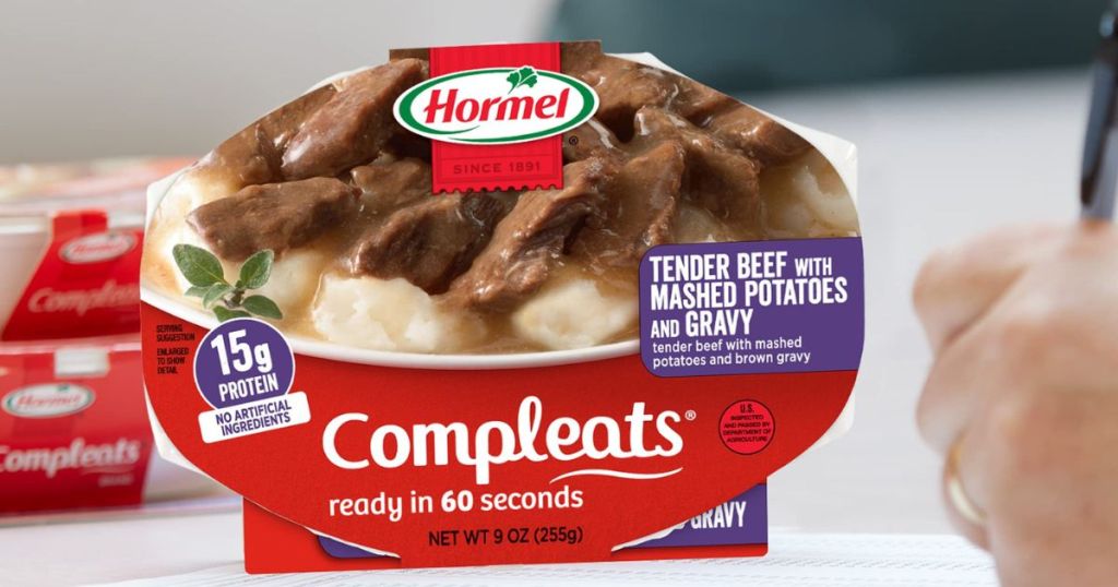 a container of a Hormel meal with beef and potatoes