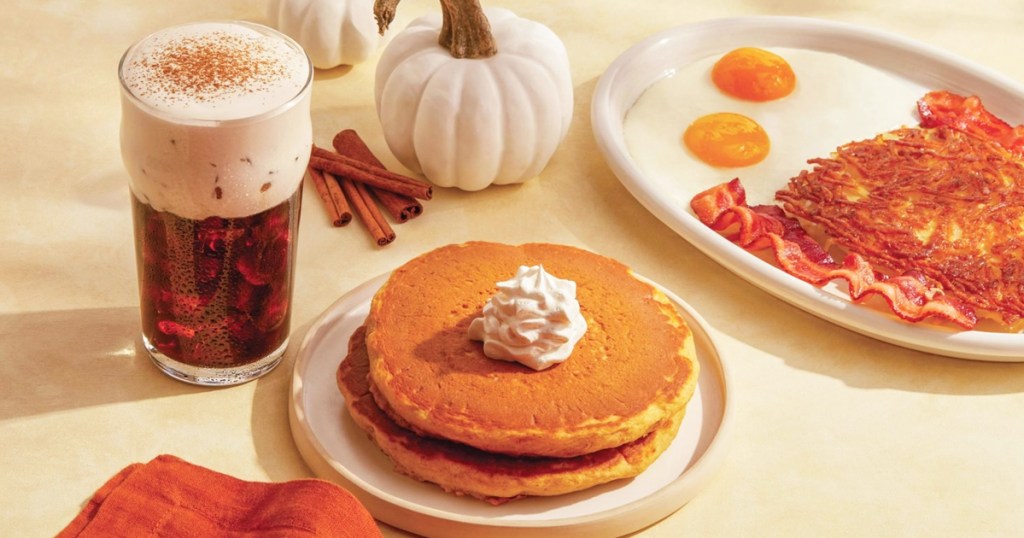 IHOP Pumpkin Spice Pancakes with coffee drink, and white pumpkin in background