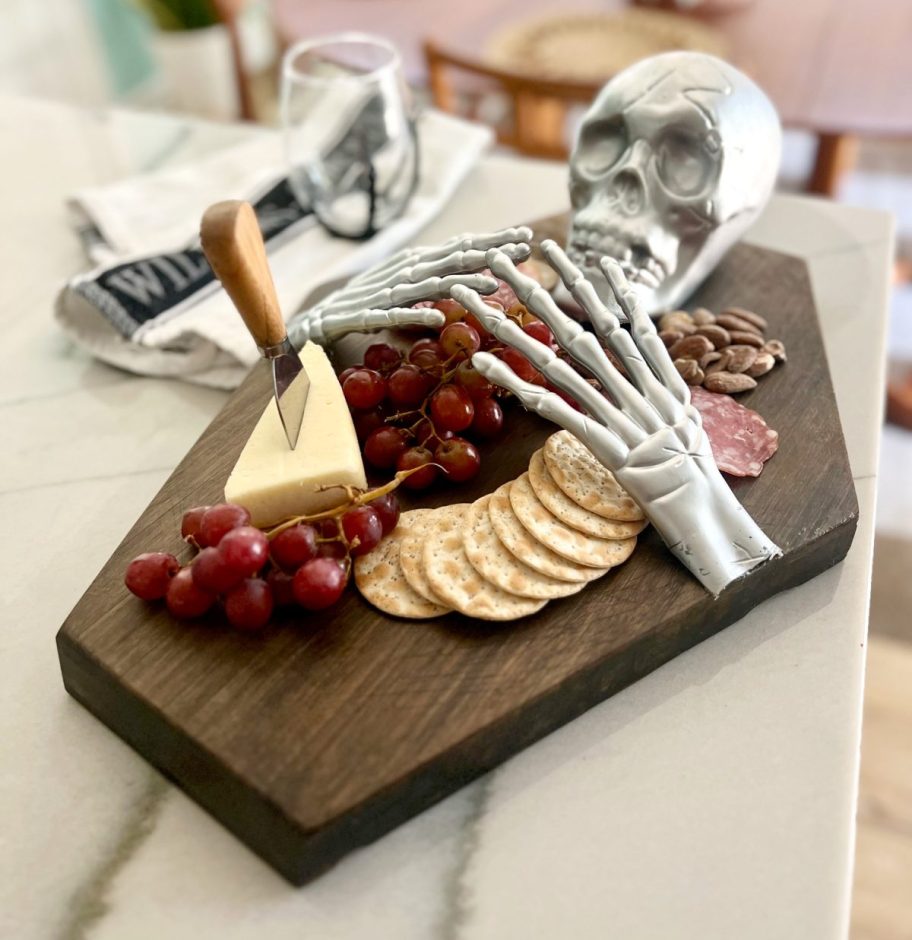 pottery barn DIY coffin skeleton cheeseboard 