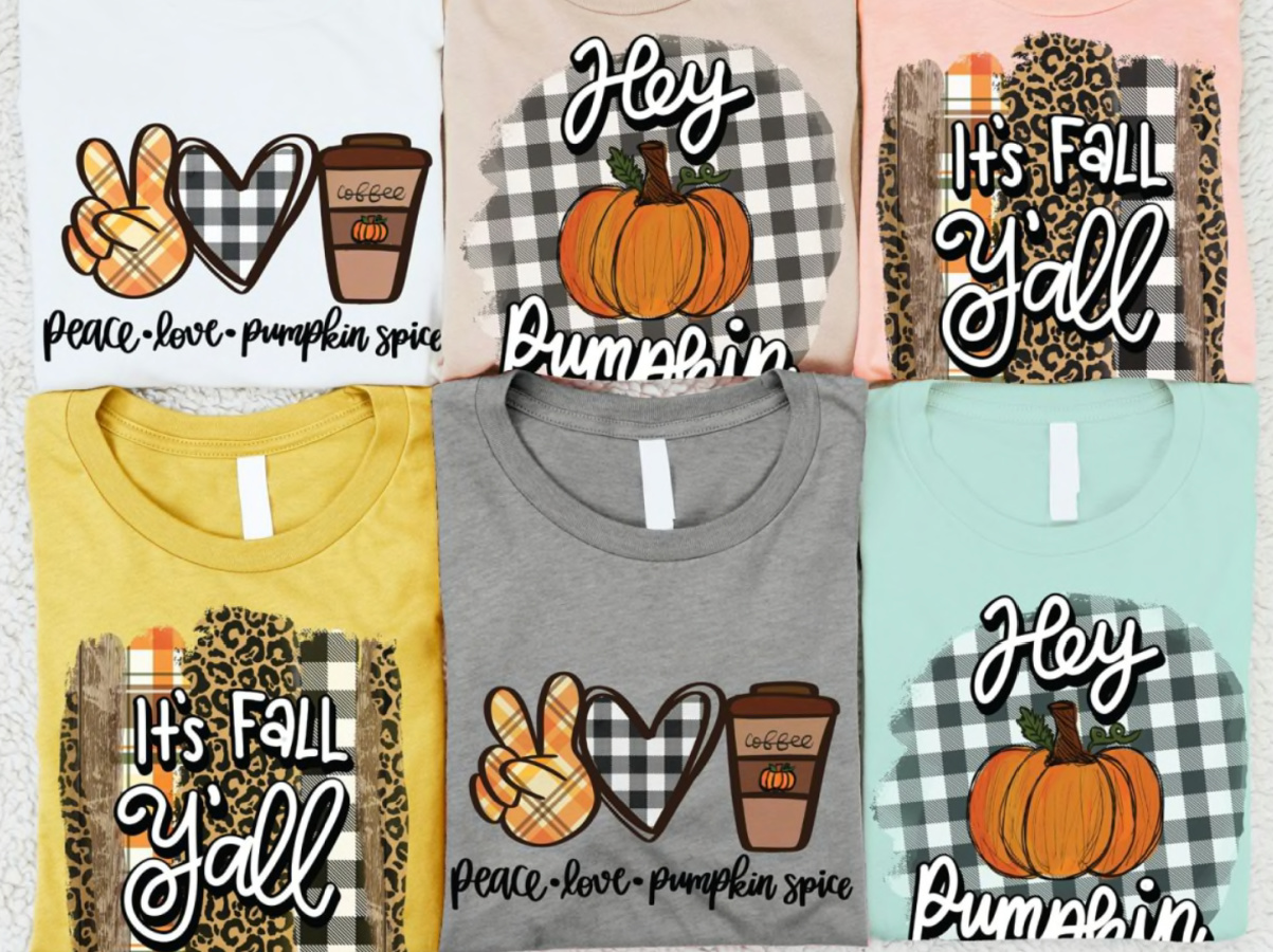 Jane fall tee shirts displayed with fall designs on them