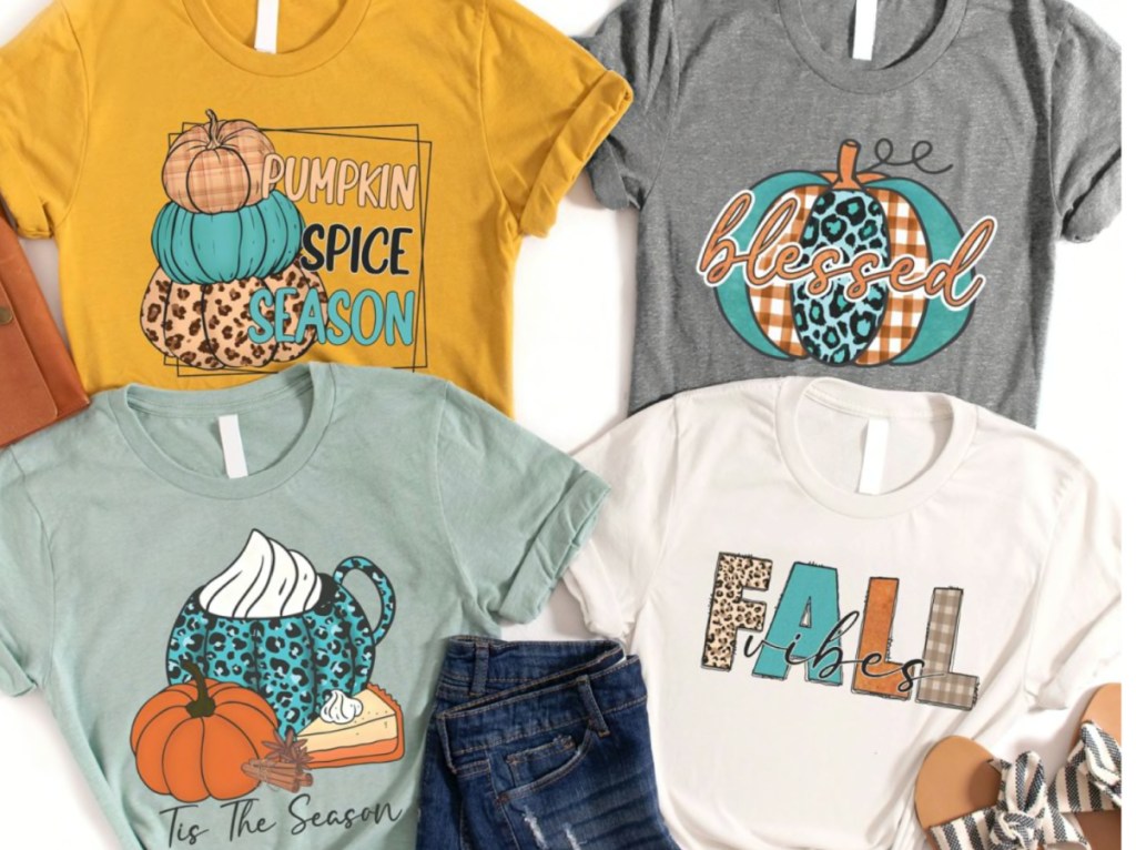 Jane pumpkin. season tee shirts with different fall designs on them