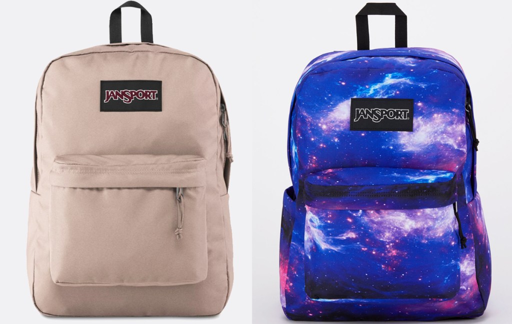 tan and space print jansport backpacks