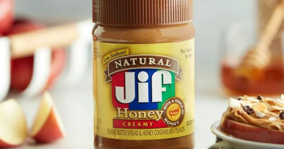 A jar of Jif natural Honey peanut Butter