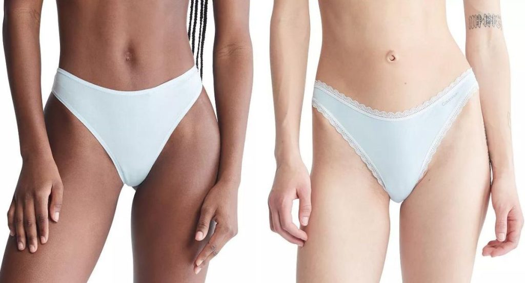 Stock images of 2 women wearing Calvin Klein thong underwear