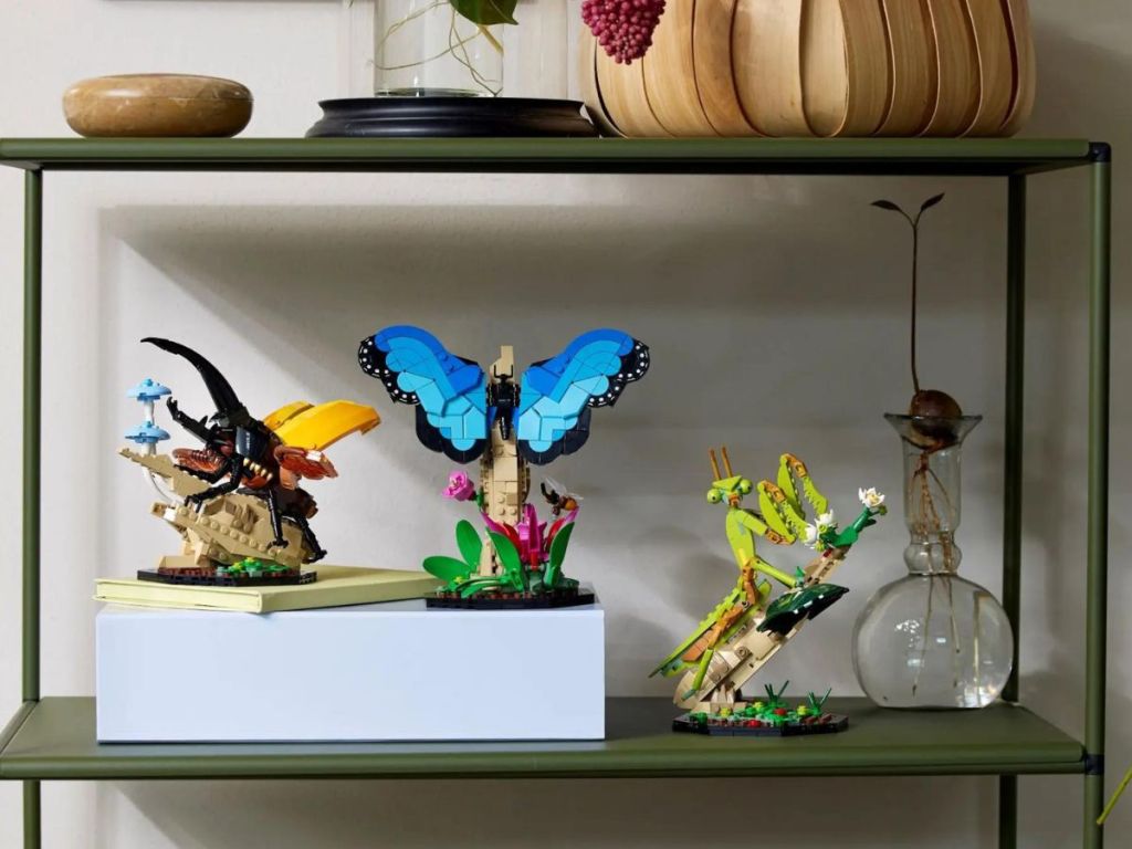 LEGO insect collection on a shelf 