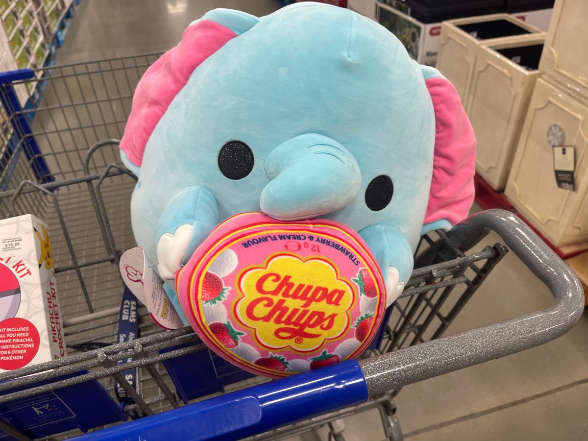 An elephant plush toy holding a lollypop