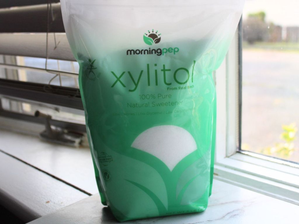 A 5lb bag of Morning Pep Xylitol on a counter
