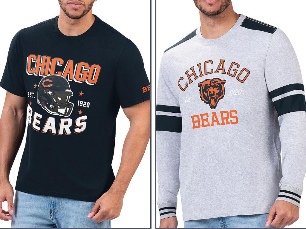 man wearing chicago bears tee and man wearing chicago bears long sleeve tee