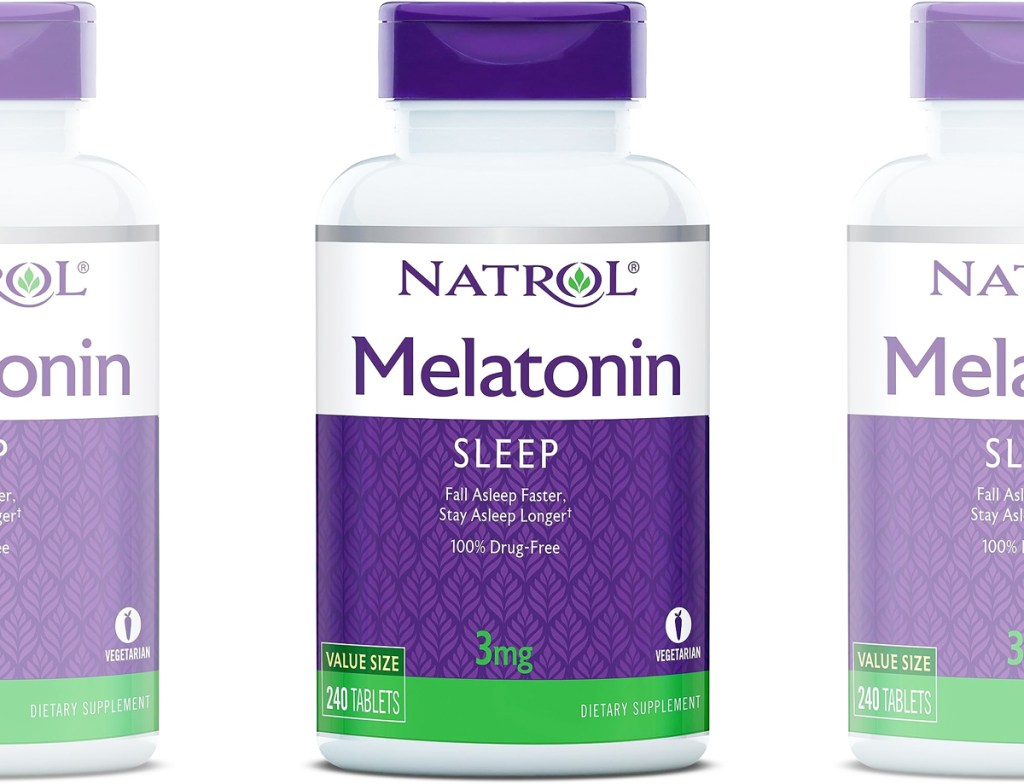 white and purple bottles of Natrol Melatonin Tablets