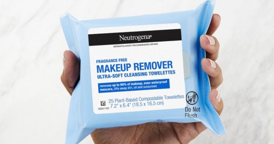 Hand holding up a pack of Neutrogena Fragrance-Free makeup wipes