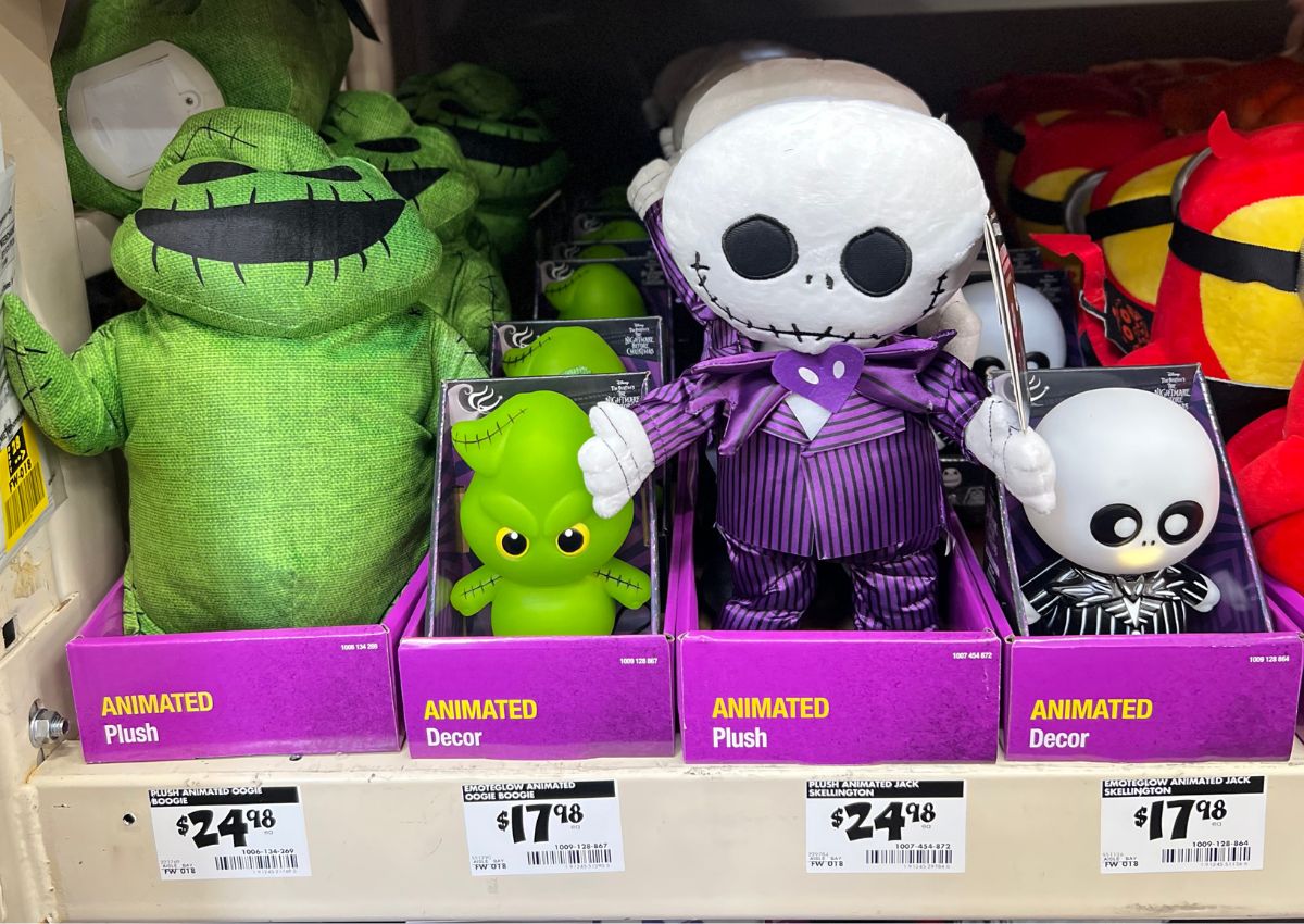 Ooogie-boogie-and-jack-animated-plush-toys ديكور هوم ديبوت الجديد للهالوين |  هيكل عظمي طويل القامة بطول 5 بوصات مع عيون LED فقط 29.98 دولارًا + المزيد