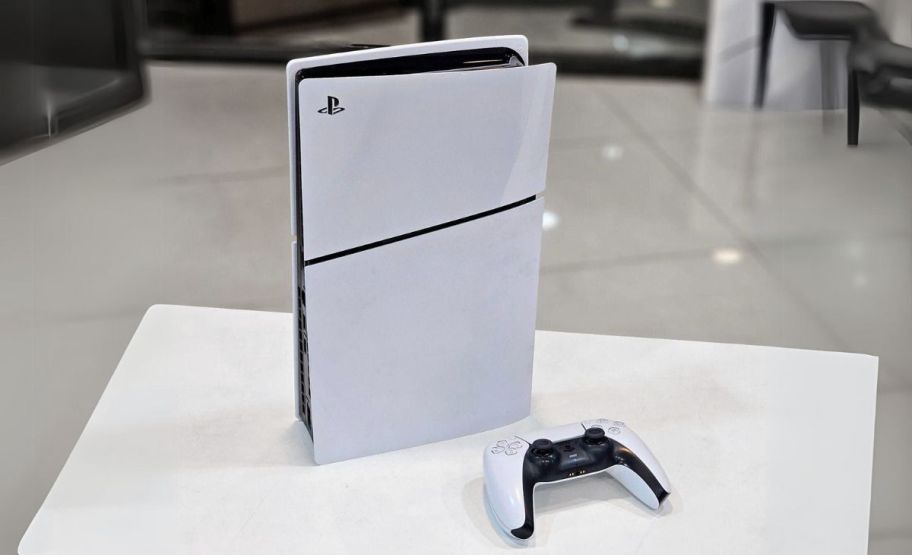 A PS5 console and controller on a white tabletop