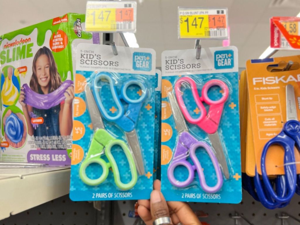 Pen+Gear Scissors 2-packs hanging on racks at Walmart