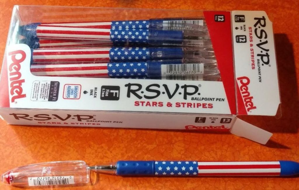 A box of Pentel Stars & Stripes RSVP pens