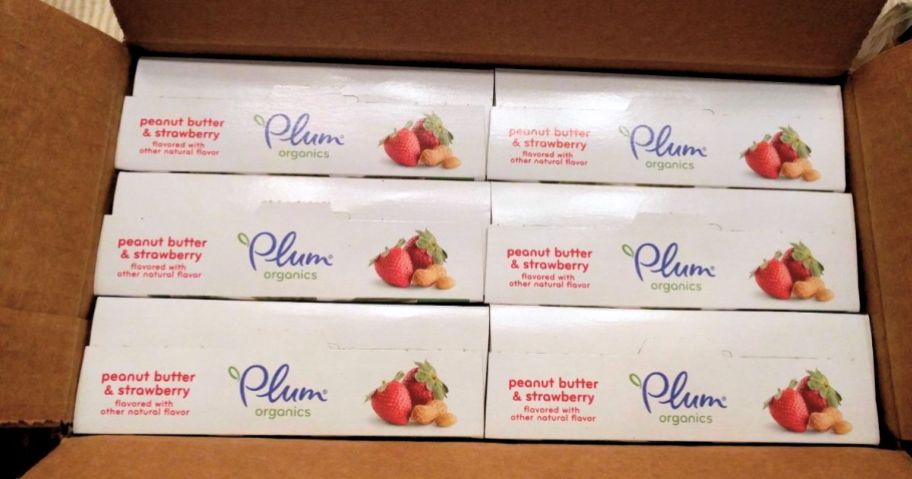 a cardboard box with 6 boxes of Plum Organics Jammy Sammy Snack Bars - Peanut Butter and Strawberry 