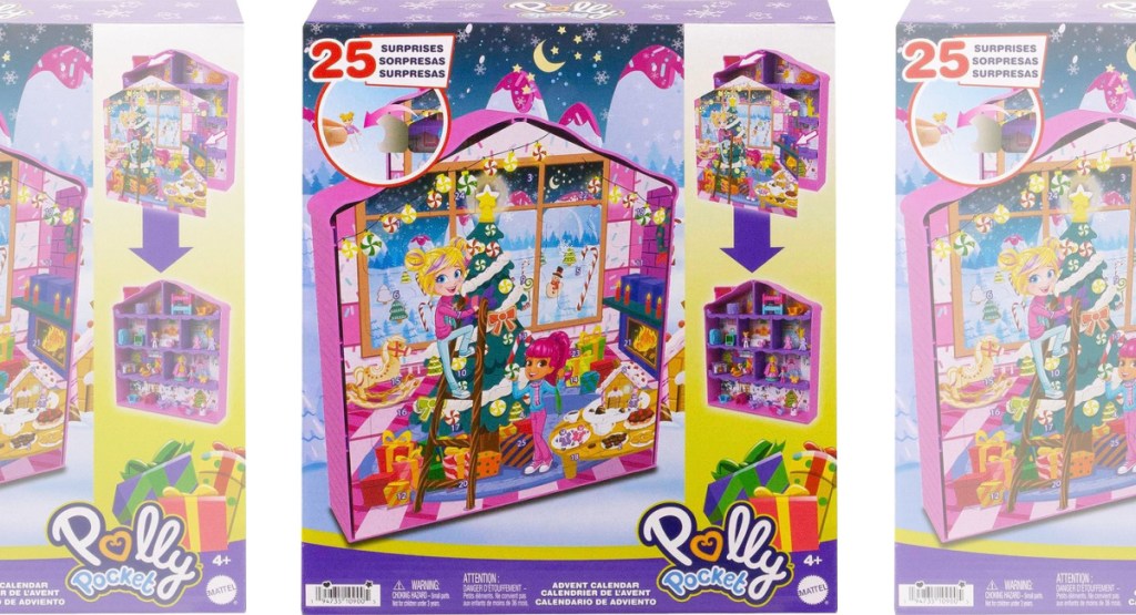 Polly Pocket Dolls Advent Calendar, Gingerbread House Playset with 25 surprise gifts! three stock images