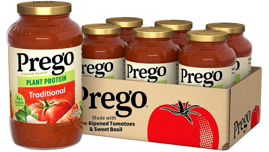 jar and box of Prego Plant Protein Traditional Pasta Sauces