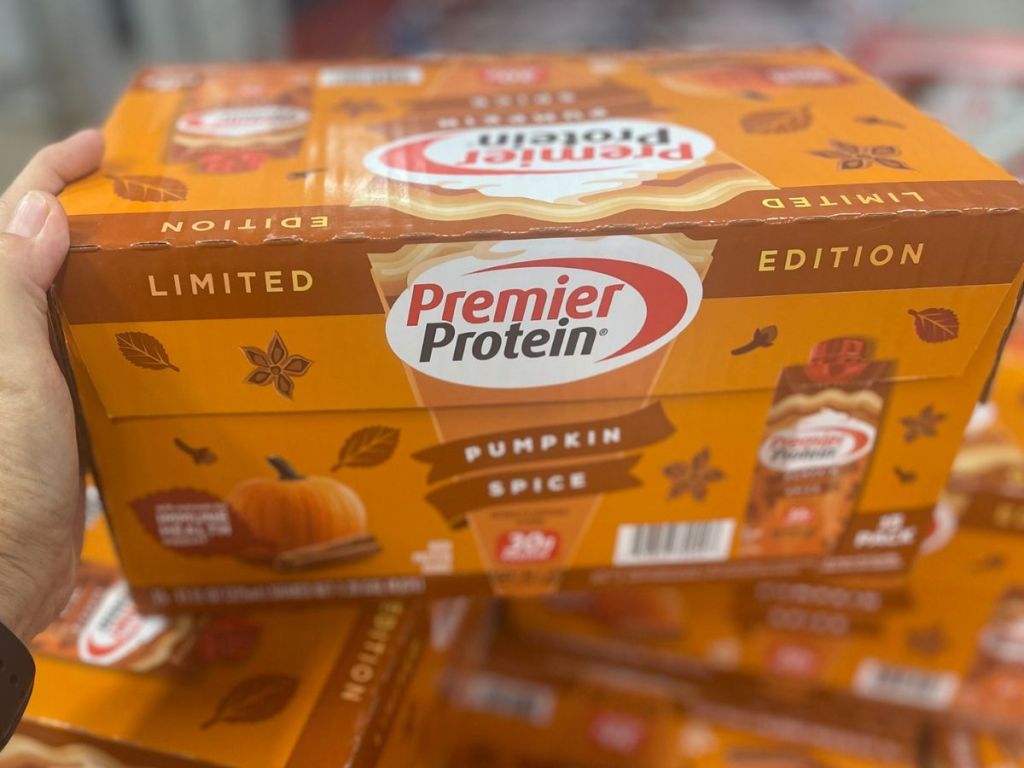 Box of Premier Protein Pumpkin Spice Shakes at Sams club