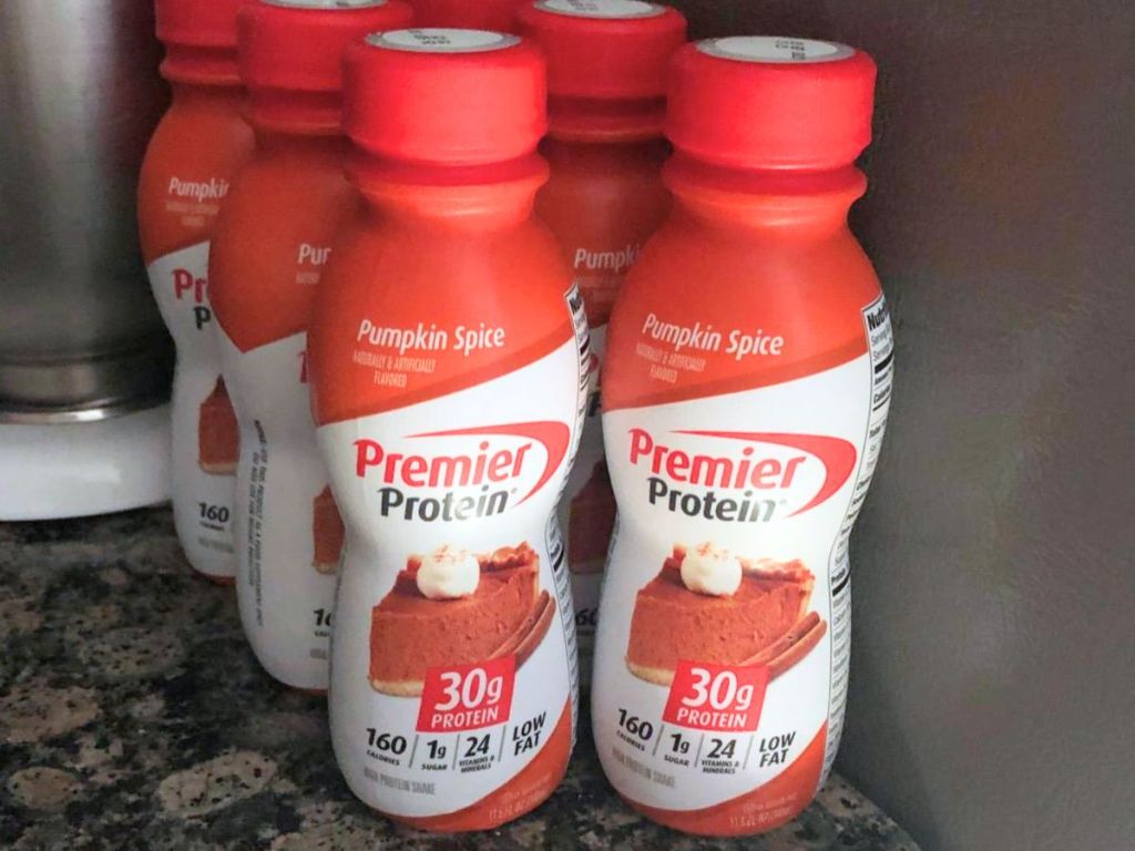 Premier Protein Pumpkin Spice Shakes in Bottles on a counter