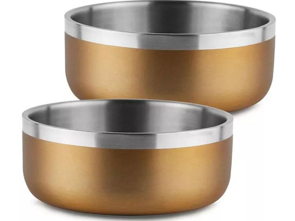 Stock image of 2 double wall steel dog bowls in copper color