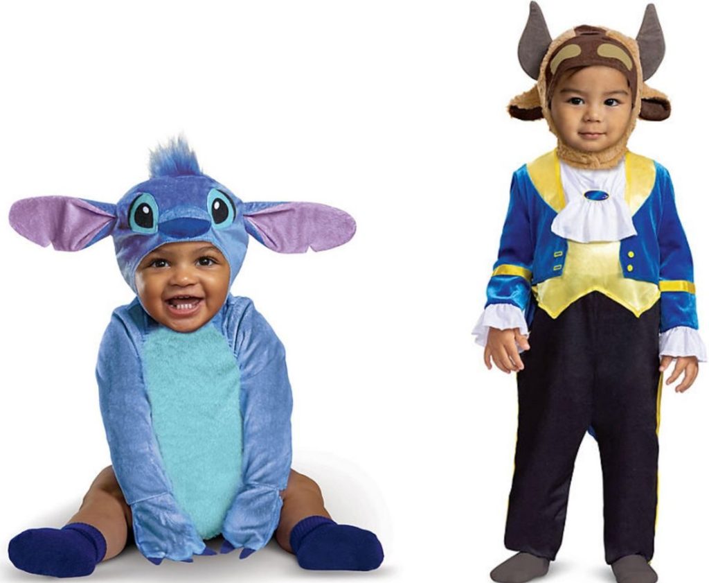 baby and Toddler wearing Stitch and Beast Halloween Costumes