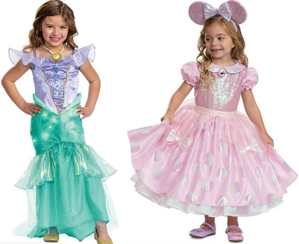 Little girls wearing Ariel and Minnie Mouse Halloween Costumes