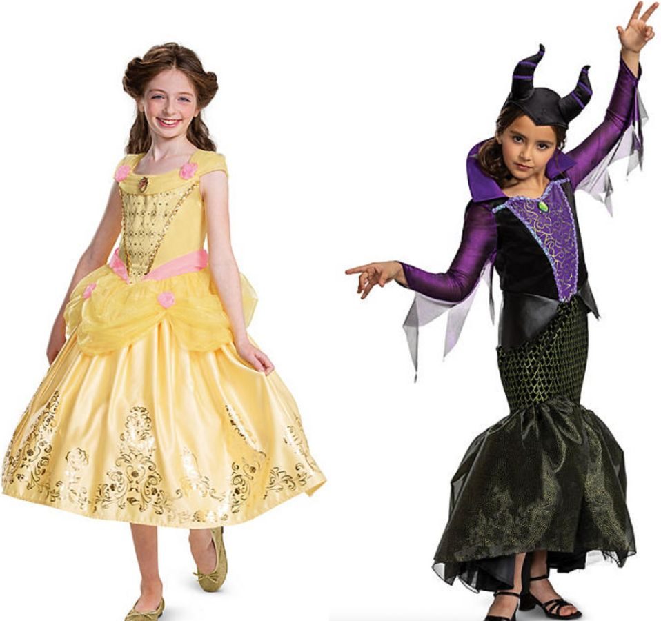 two girls weaing a Belle and Maleficent halloween costumes
