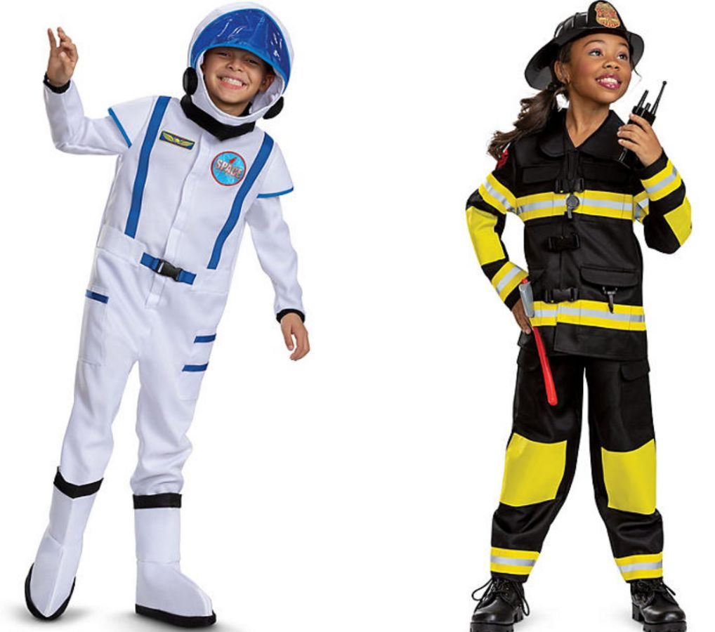 Kids wearing Member's Mark Astronaut and Firefighter halloween costumes