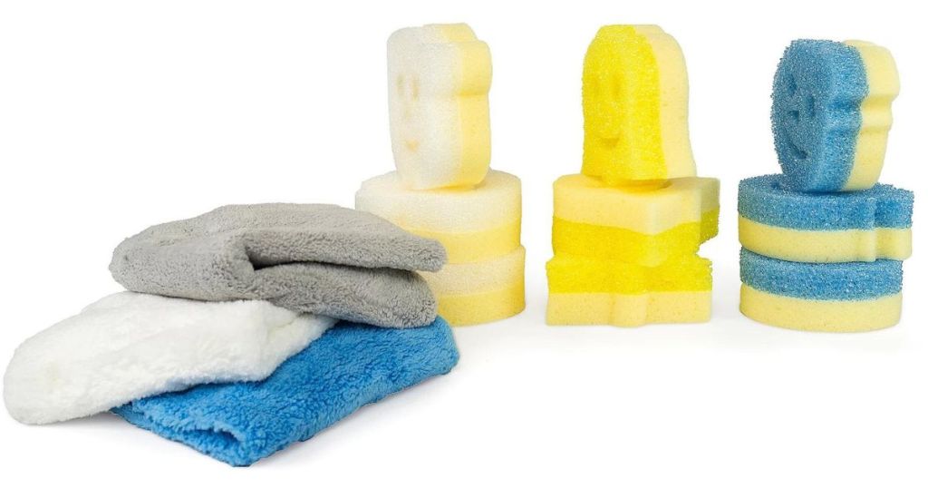 9 Scrub Mommy Winter sponges and 3 towels