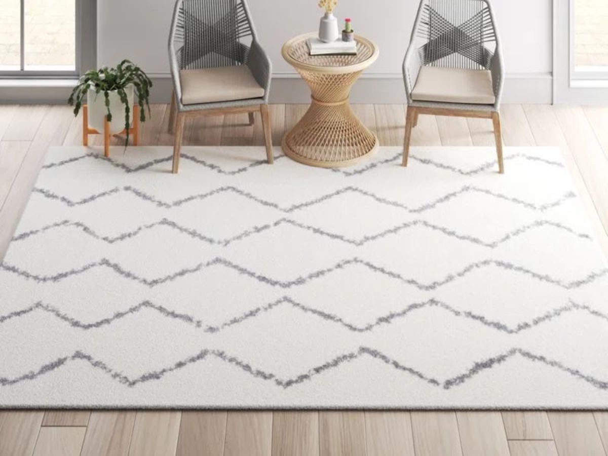 white and gray area rug wtih 2 chairs and wicker table