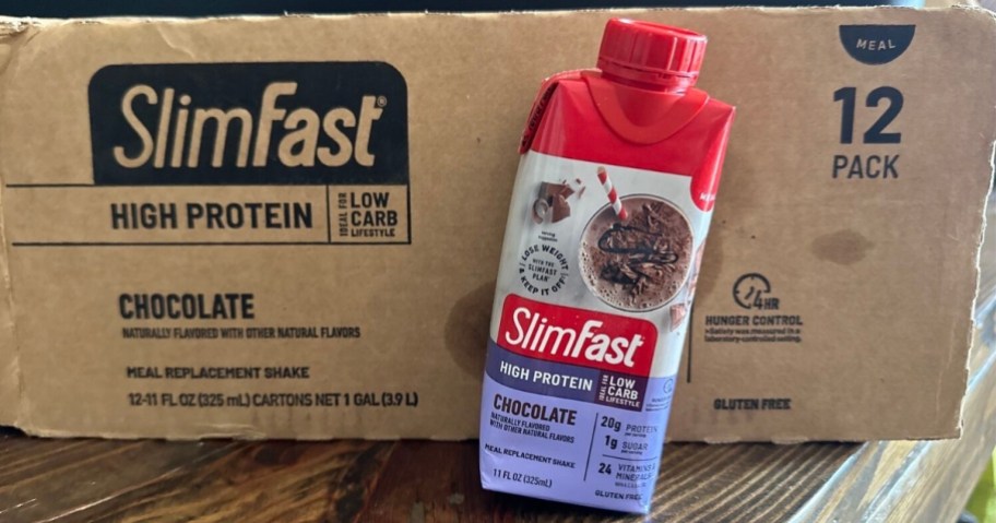 slimfast high protein chocolate meal replacement shake with shipping box