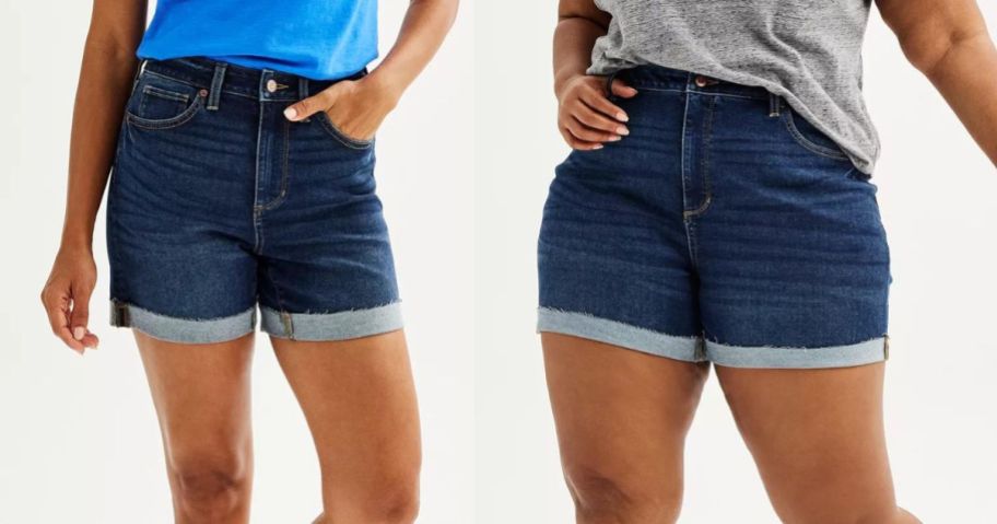 2 women wearing denim jean shorts