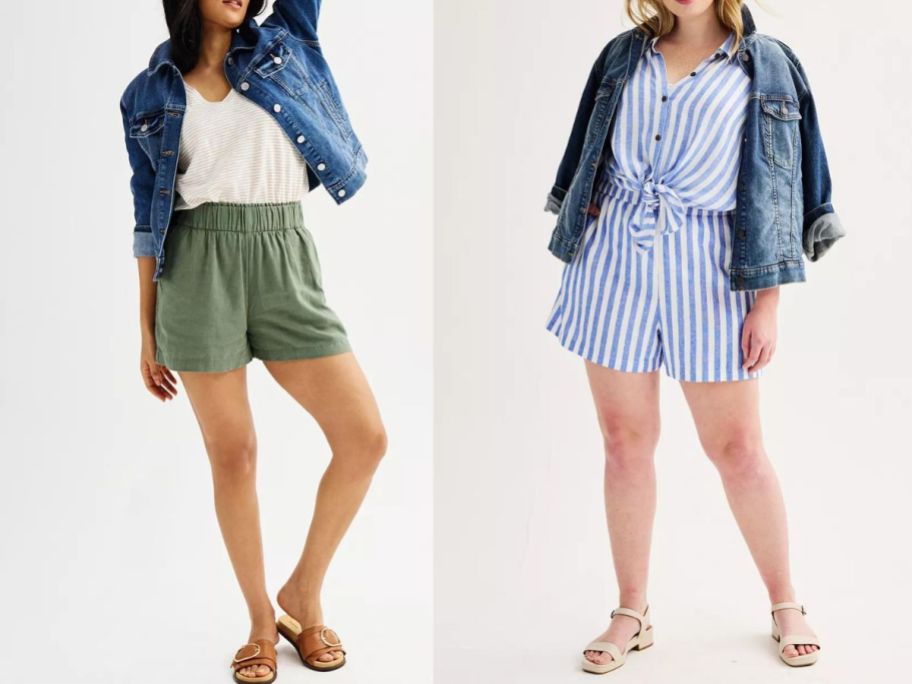 woman wearing green shorts and cream top with a jean jacket and a woman wearing blue striped shorts and matching shirt with a jean jacket