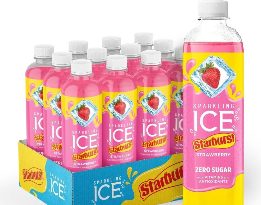 stock image of a 12-pack of Sparkling Ice Starburst Strawberry Drinks