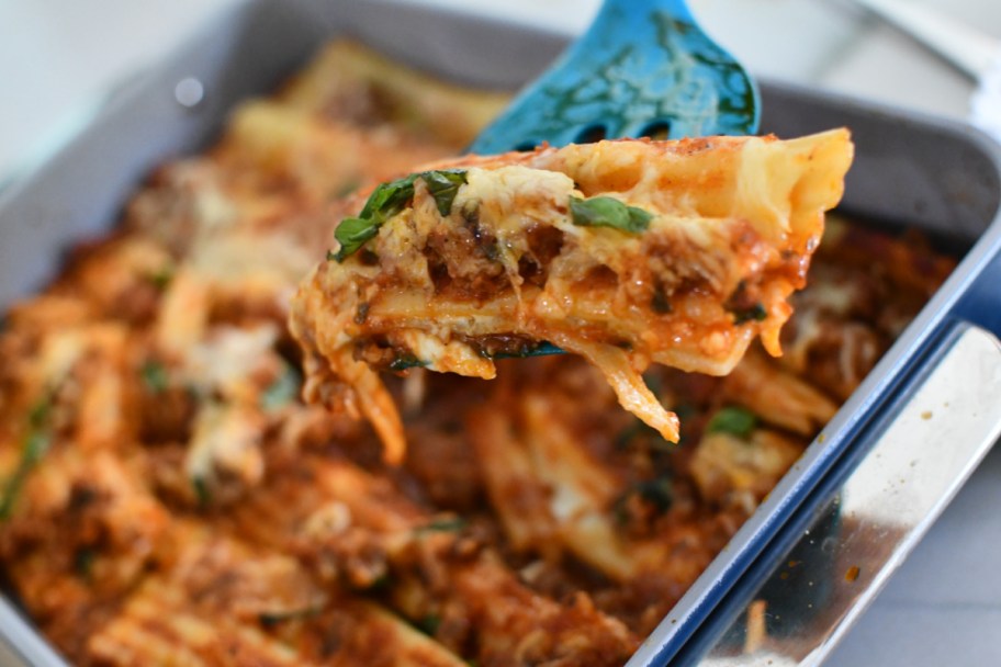 a spatula with Stuffed Manicotti with String Cheese on it, a great date night recipe