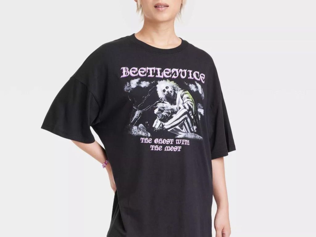 Woman wearing a Beetlejuice Graphic Tee from Target