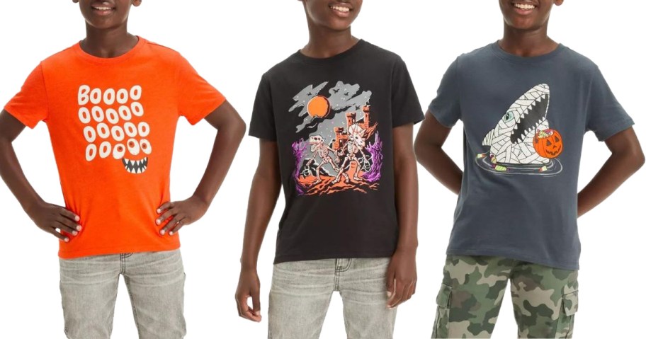 Stock images of 3 boys wearing Cat & Jack Halloween Tees