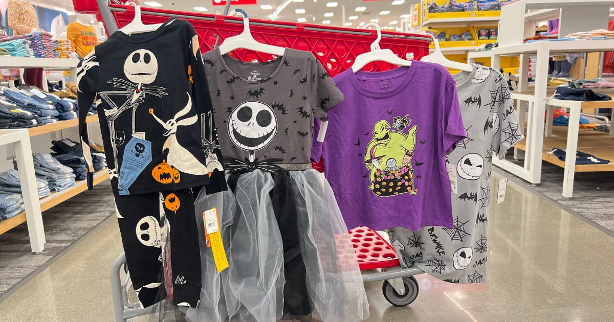 A Target cart with The Nightmare Before Christmas kids clothes on it 