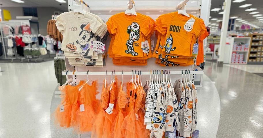 A display of toddler Halloween clothing at Target