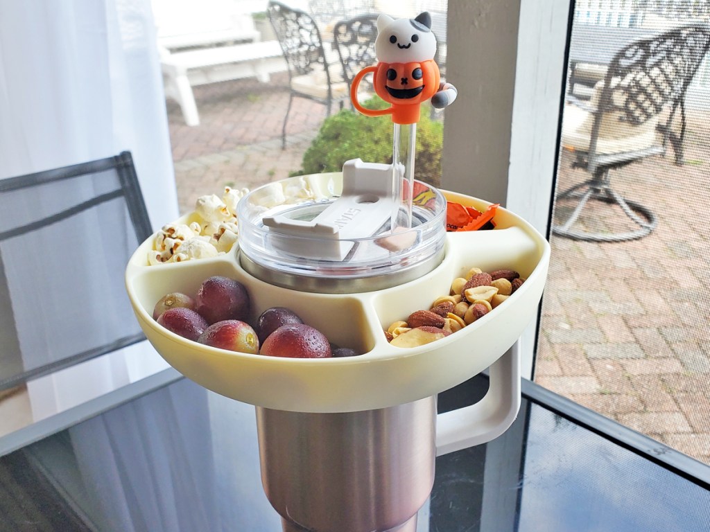 snack bowl and straw topper on a stanley tumbler